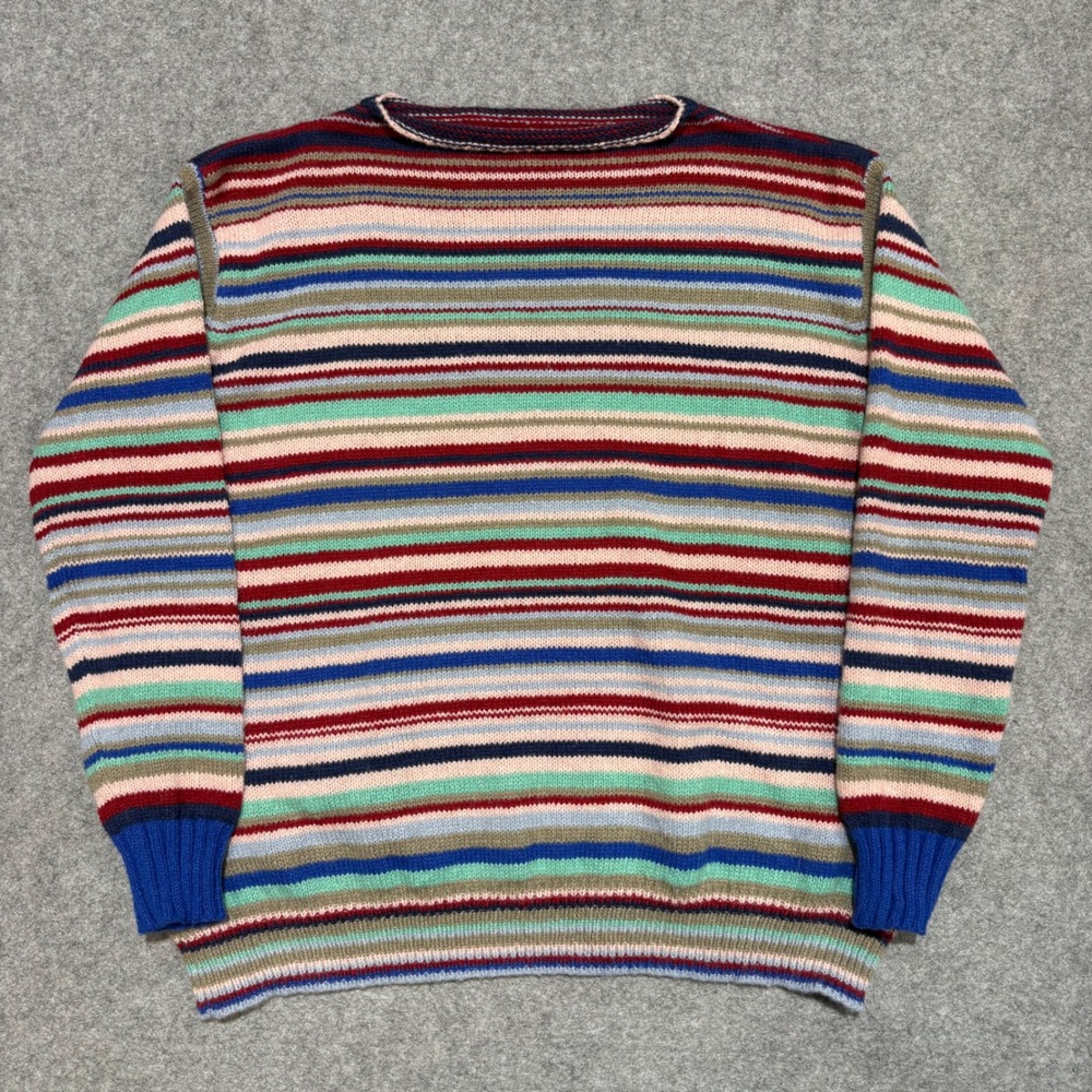 Vintage Style Multi Color Striped Knit Sweater Blue Red Green Roll Neck XL